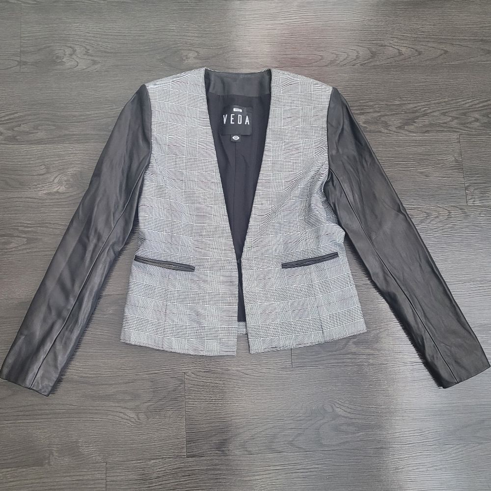 VEDA Leather Sleeve "Smoke" Plaid Jacket S Indie Sleaze Dark Academia Corpcore